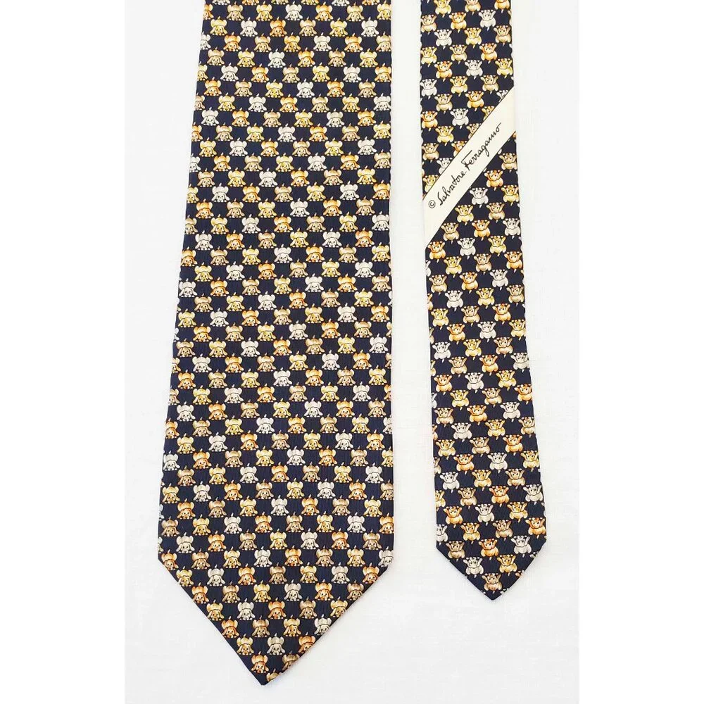 Salvatore Ferragamo Mens Puppy Dogs Puppies Navy 100% Silk Neck Tie Made Italy